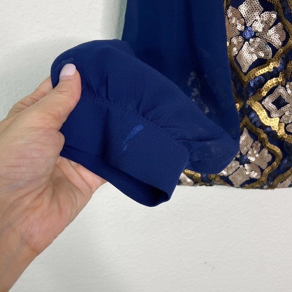 Miami Navy Gold Sequin Button Back Blouse Sz M - Picture 9 of 10